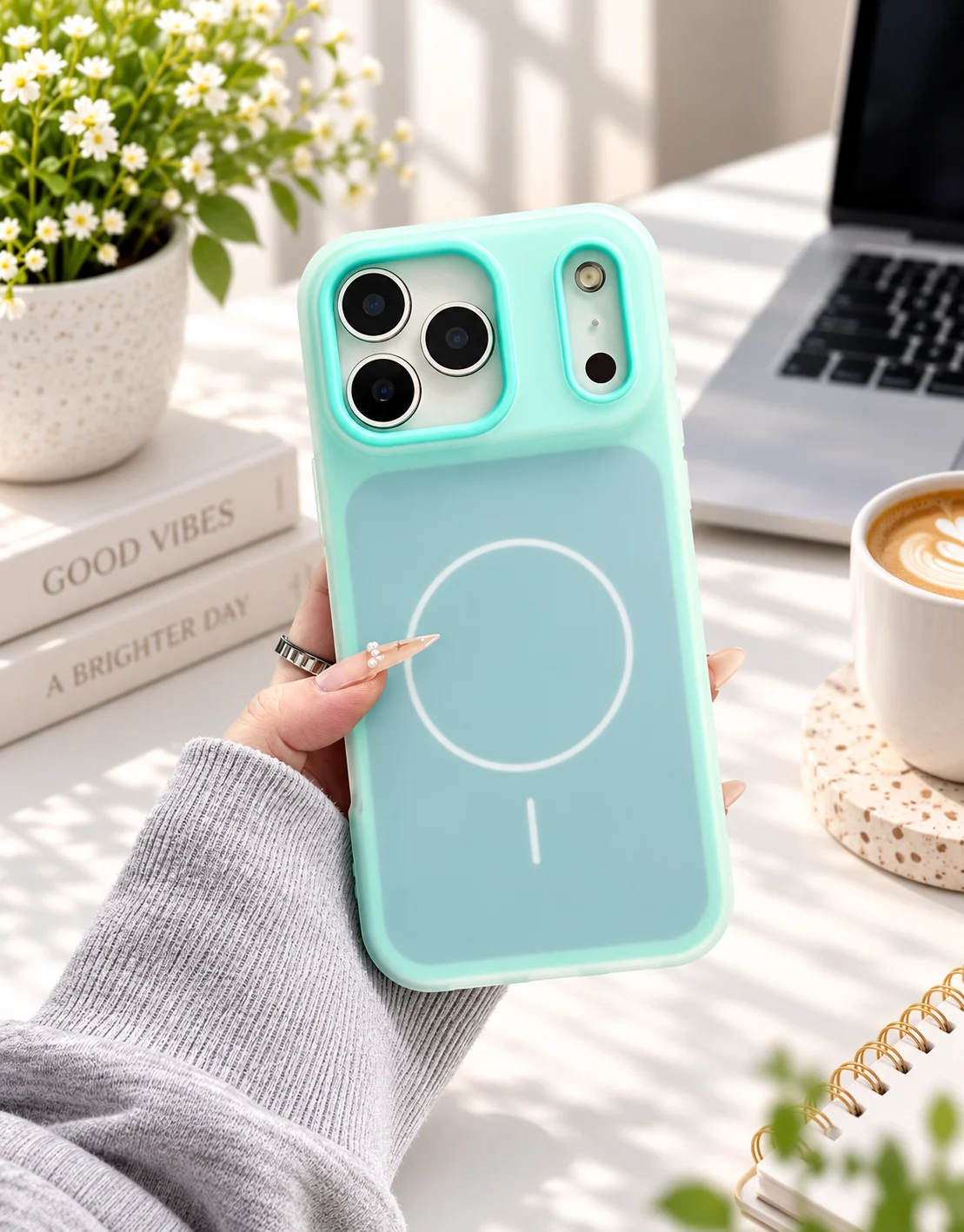 Mint MagSafe Case in a Bright Workspace